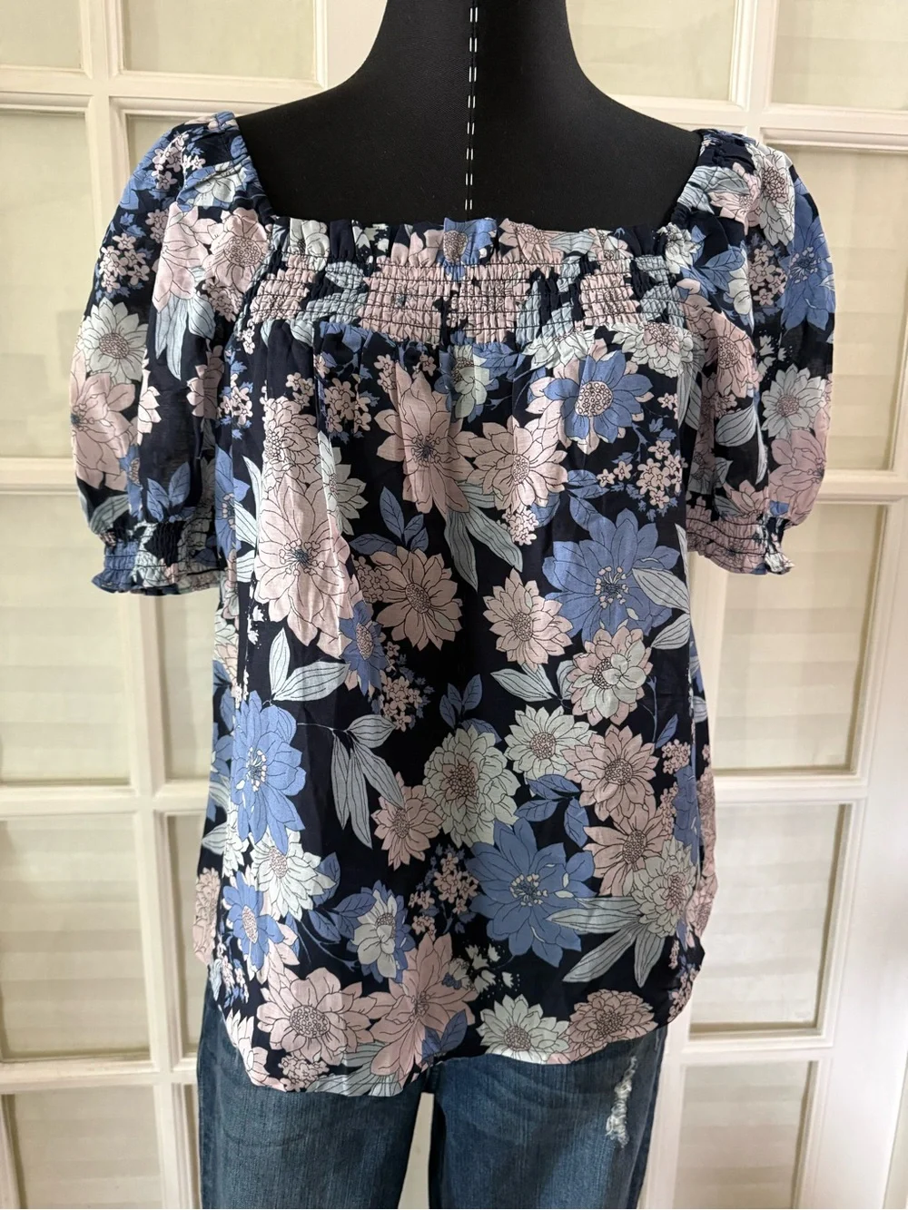 J. Crew Navy Floral Smocked Square-Neck Puff-Sleeve Top